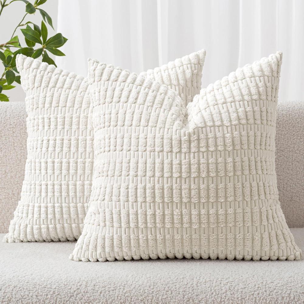 imageMIULEE Pack of 2 Christmas Red Corduroy Decorative Pillow Covers 18x18 Inch Soft Boho Striped Throw Pillow Covers Modern Farmhouse Home Decor for Sofa Living Room Couch BedPure White