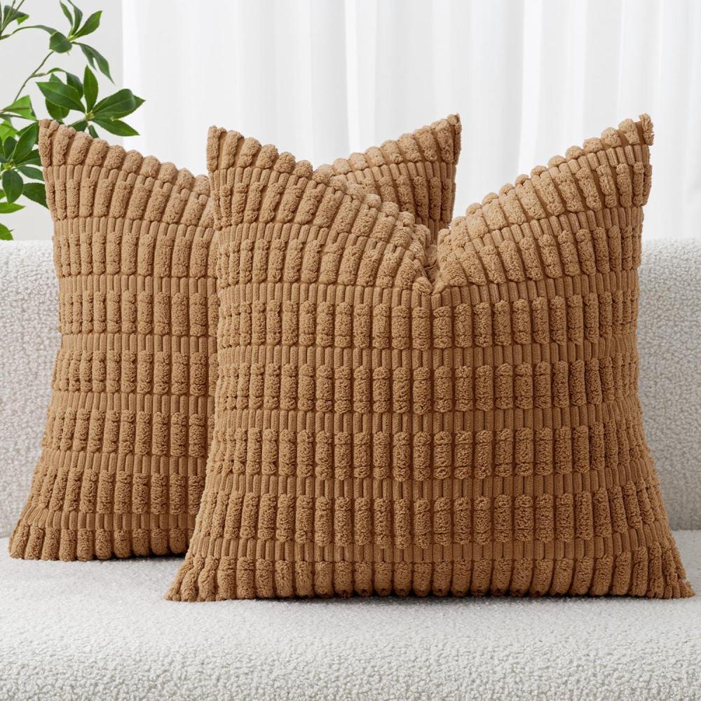 imageMIULEE Pack of 2 Christmas Red Corduroy Decorative Pillow Covers 18x18 Inch Soft Boho Striped Throw Pillow Covers Modern Farmhouse Home Decor for Sofa Living Room Couch BedBrown