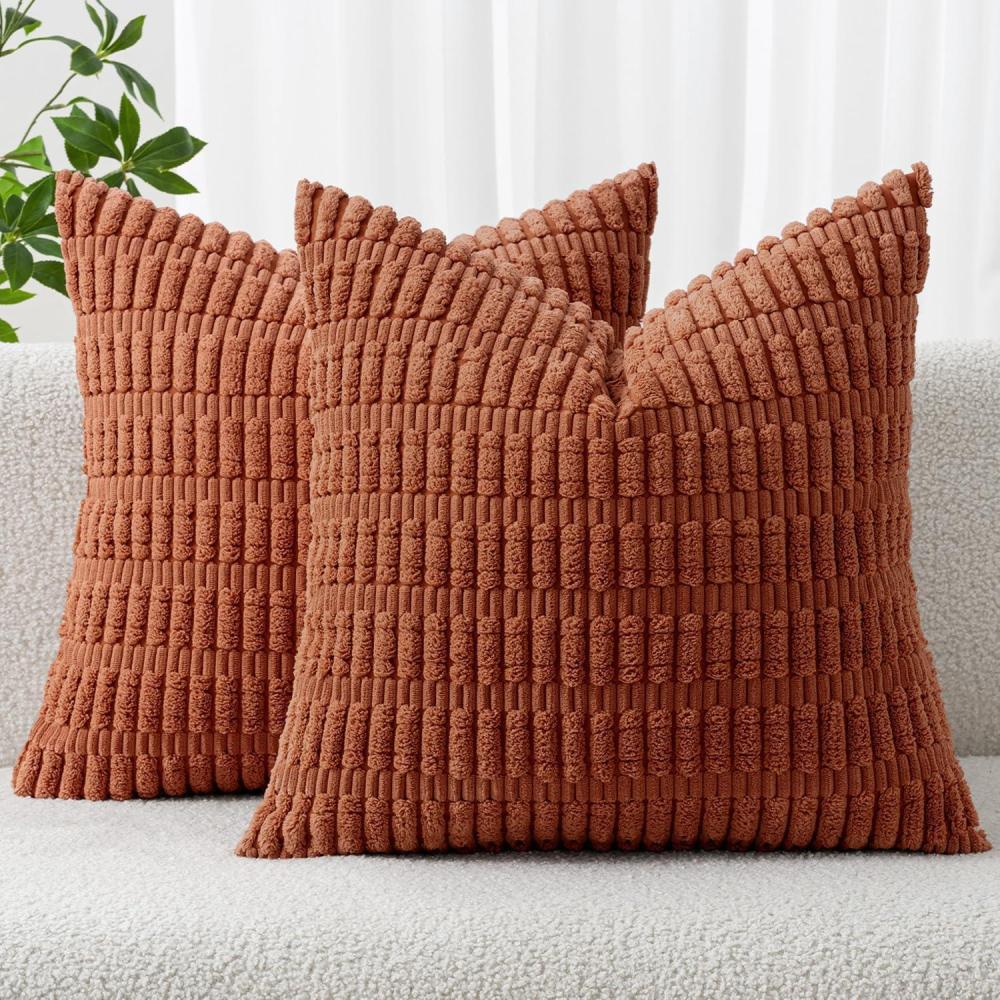 imageMIULEE Pack of 2 Christmas Red Corduroy Decorative Pillow Covers 18x18 Inch Soft Boho Striped Throw Pillow Covers Modern Farmhouse Home Decor for Sofa Living Room Couch BedDark Rust