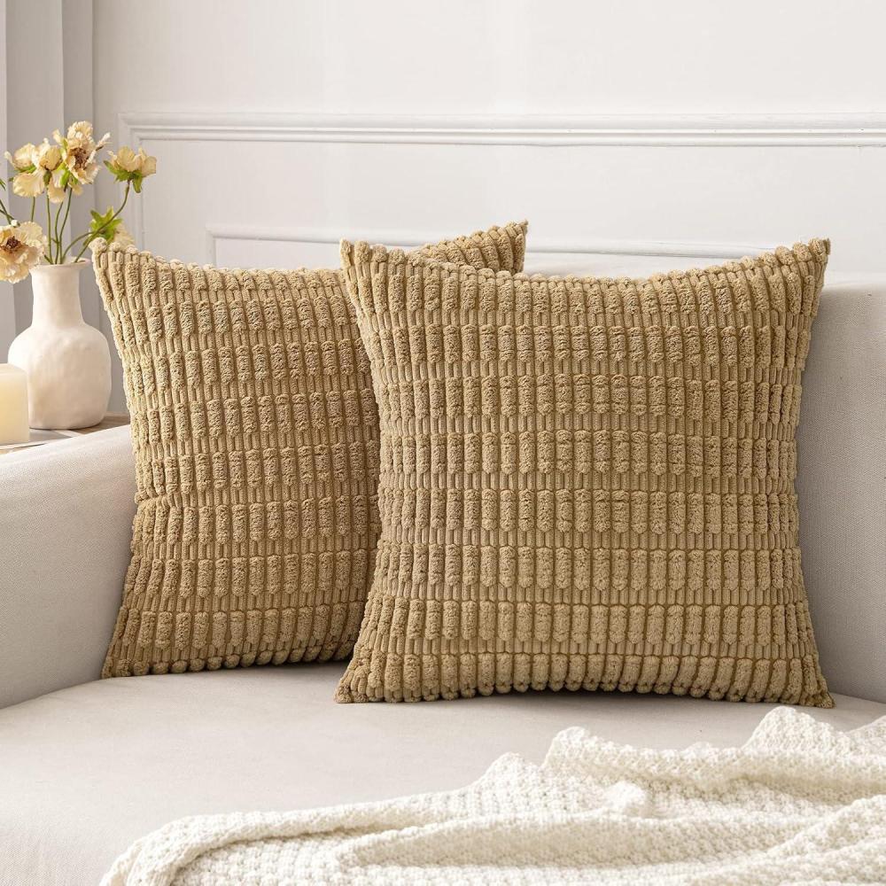 imageMIULEE Pack of 2 Christmas Red Corduroy Decorative Pillow Covers 18x18 Inch Soft Boho Striped Throw Pillow Covers Modern Farmhouse Home Decor for Sofa Living Room Couch BedKhaki