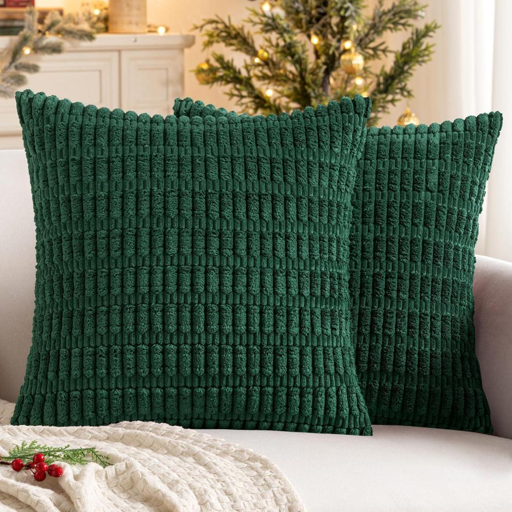imageMIULEE Pack of 2 Christmas Red Corduroy Decorative Pillow Covers 18x18 Inch Soft Boho Striped Throw Pillow Covers Modern Farmhouse Home Decor for Sofa Living Room Couch BedDark Green