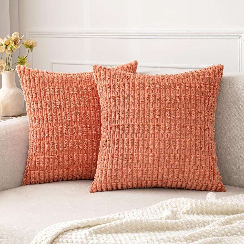 imageMIULEE Pack of 2 Christmas Red Corduroy Decorative Pillow Covers 18x18 Inch Soft Boho Striped Throw Pillow Covers Modern Farmhouse Home Decor for Sofa Living Room Couch BedCoral