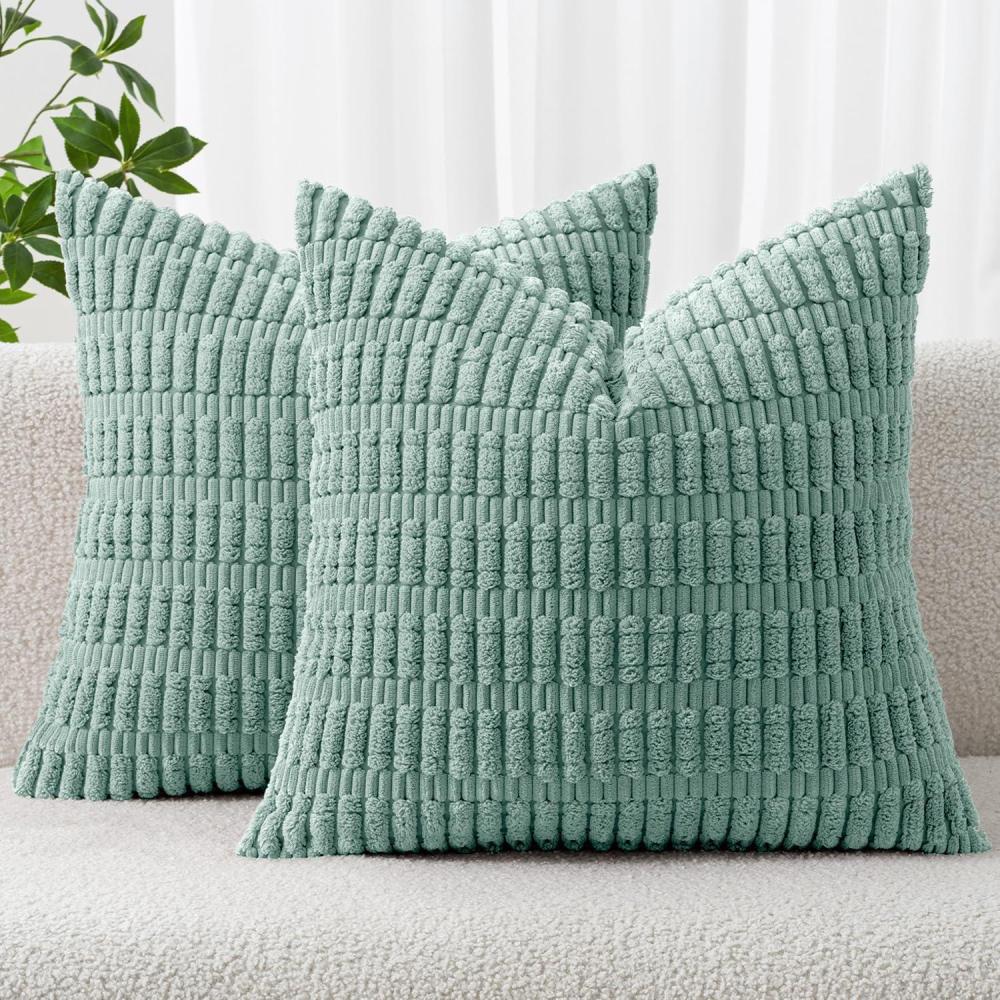 imageMIULEE Pack of 2 Christmas Red Corduroy Decorative Pillow Covers 18x18 Inch Soft Boho Striped Throw Pillow Covers Modern Farmhouse Home Decor for Sofa Living Room Couch BedTeal Green