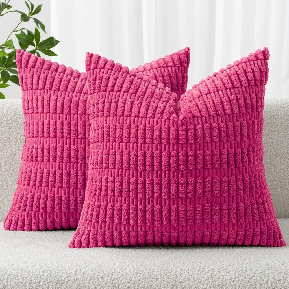 imageMIULEE Pack of 2 Christmas Red Corduroy Decorative Pillow Covers 18x18 Inch Soft Boho Striped Throw Pillow Covers Modern Farmhouse Home Decor for Sofa Living Room Couch BedHot Pink