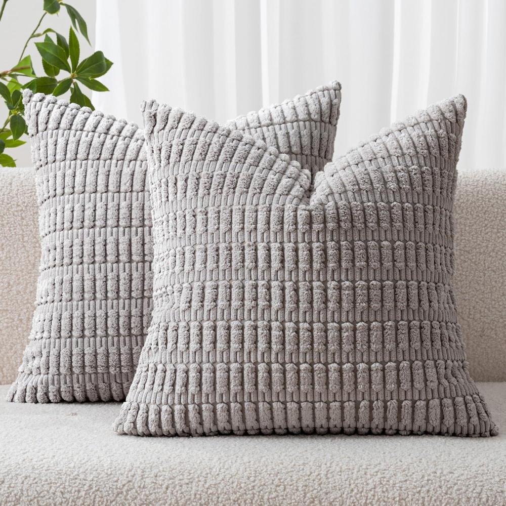 imageMIULEE Pack of 2 Christmas Red Corduroy Decorative Pillow Covers 18x18 Inch Soft Boho Striped Throw Pillow Covers Modern Farmhouse Home Decor for Sofa Living Room Couch BedLight Grey