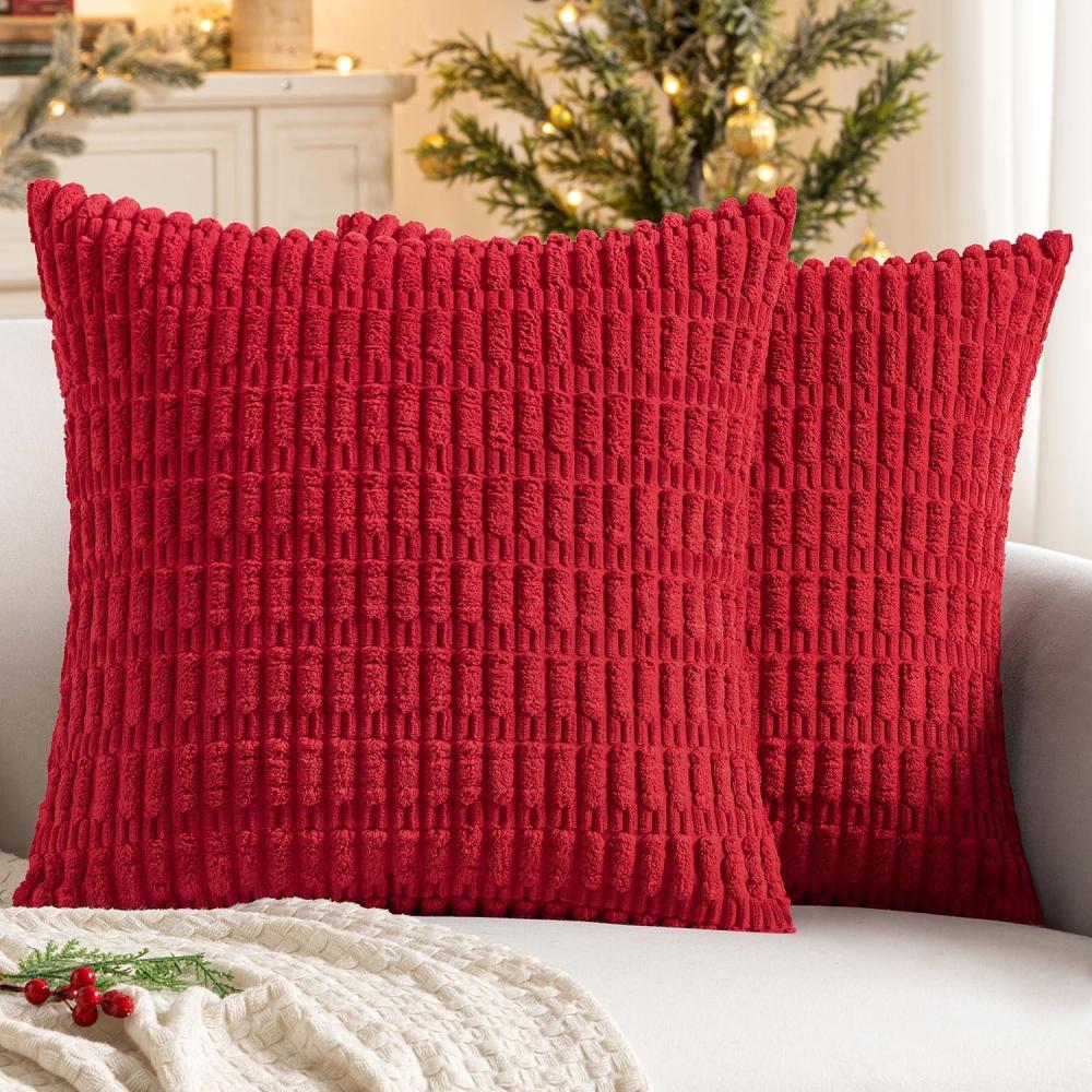 imageMIULEE Pack of 2 Christmas Red Corduroy Decorative Pillow Covers 18x18 Inch Soft Boho Striped Throw Pillow Covers Modern Farmhouse Home Decor for Sofa Living Room Couch BedRed