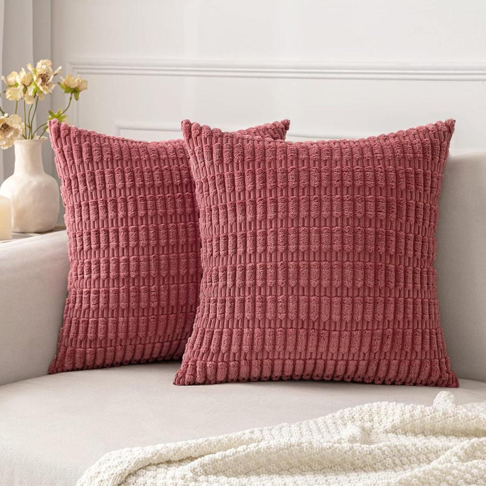 imageMIULEE Pack of 2 Christmas Red Corduroy Decorative Pillow Covers 18x18 Inch Soft Boho Striped Throw Pillow Covers Modern Farmhouse Home Decor for Sofa Living Room Couch BedCranberry Red