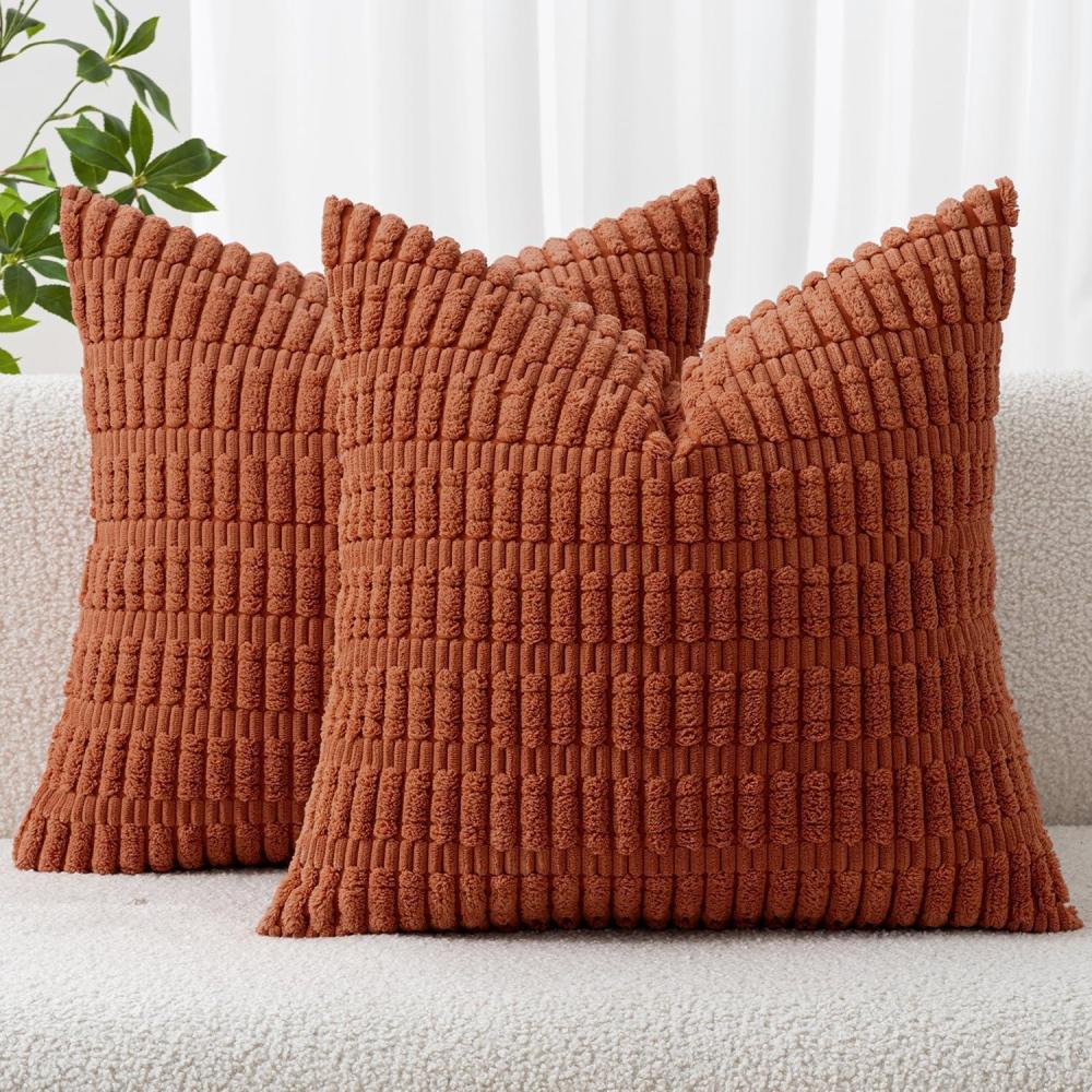 imageMIULEE Pack of 2 Christmas Red Corduroy Decorative Pillow Covers 18x18 Inch Soft Boho Striped Throw Pillow Covers Modern Farmhouse Home Decor for Sofa Living Room Couch BedRust