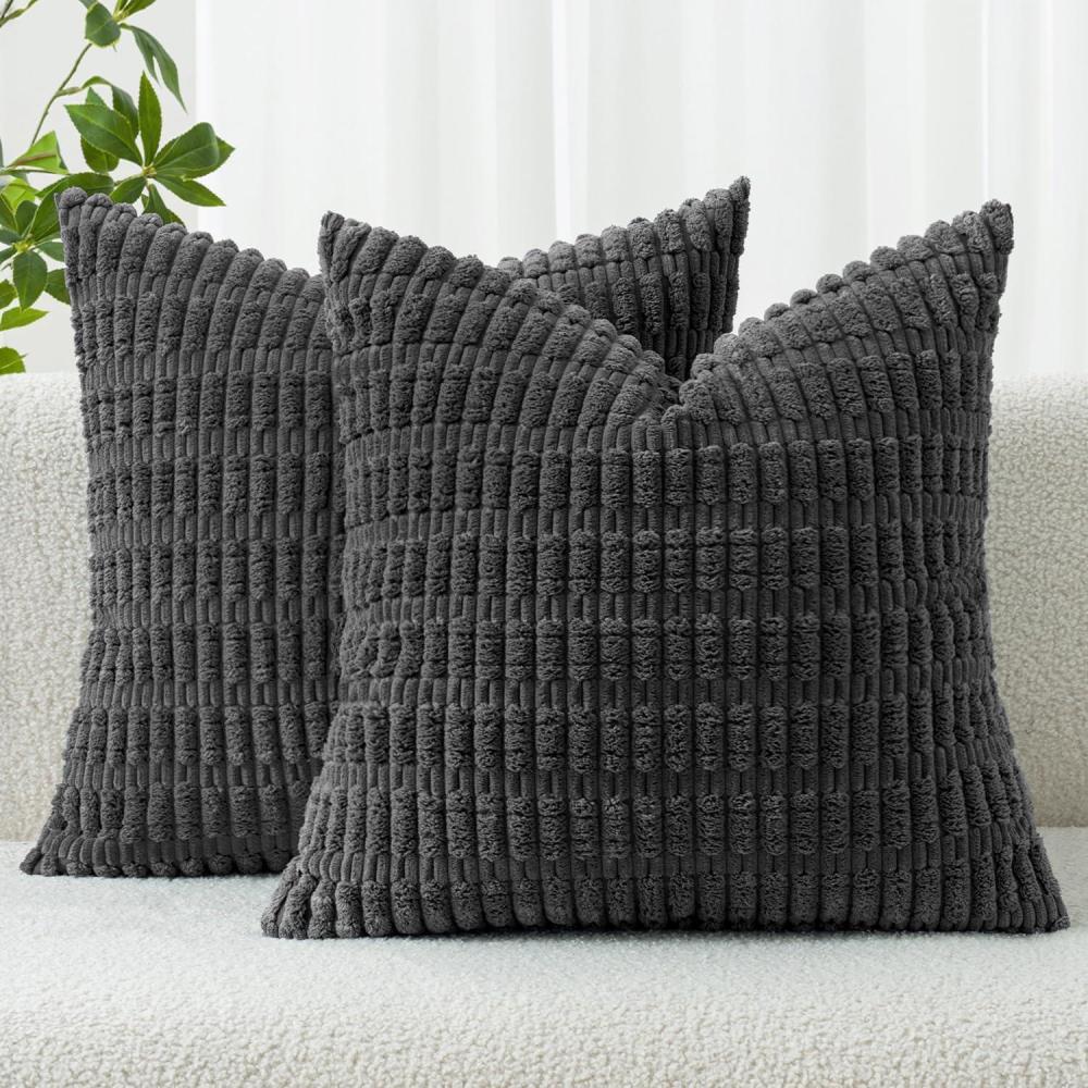 imageMIULEE Pack of 2 Christmas Red Corduroy Decorative Pillow Covers 18x18 Inch Soft Boho Striped Throw Pillow Covers Modern Farmhouse Home Decor for Sofa Living Room Couch BedDark Grey