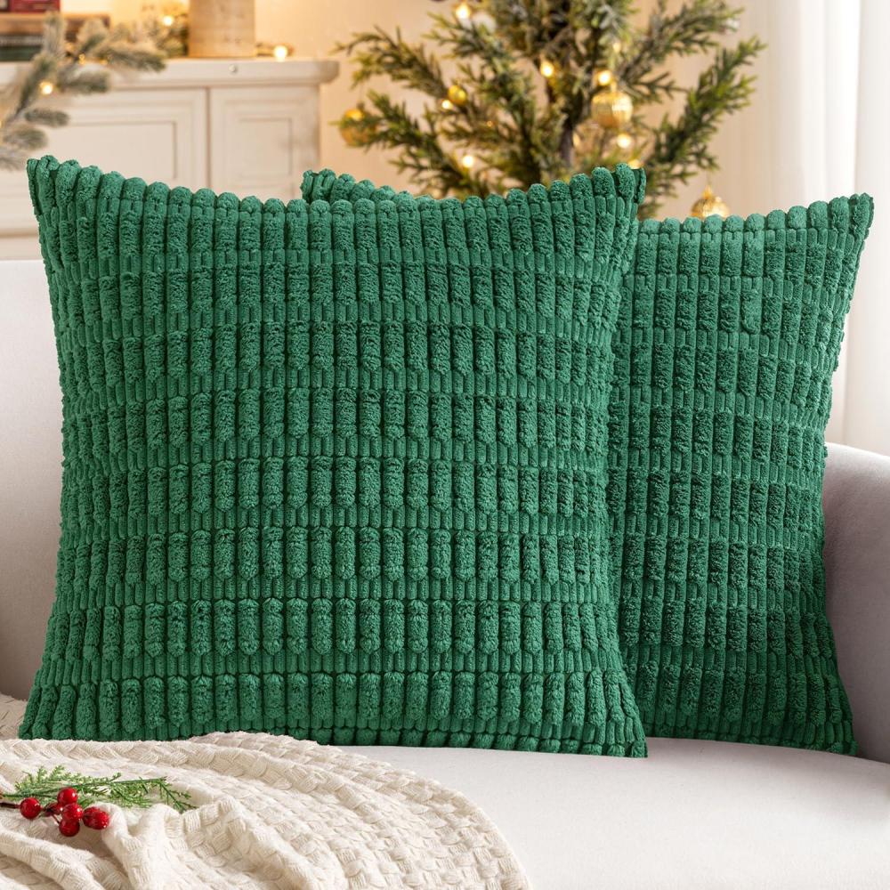 imageMIULEE Pack of 2 Christmas Red Corduroy Decorative Pillow Covers 18x18 Inch Soft Boho Striped Throw Pillow Covers Modern Farmhouse Home Decor for Sofa Living Room Couch BedGreen