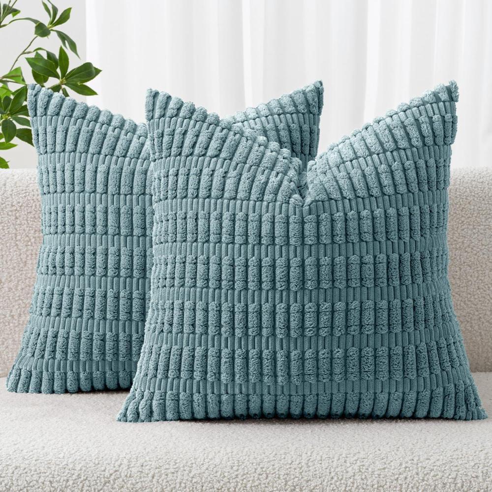imageMIULEE Pack of 2 Christmas Red Corduroy Decorative Pillow Covers 18x18 Inch Soft Boho Striped Throw Pillow Covers Modern Farmhouse Home Decor for Sofa Living Room Couch BedCoastal Blue