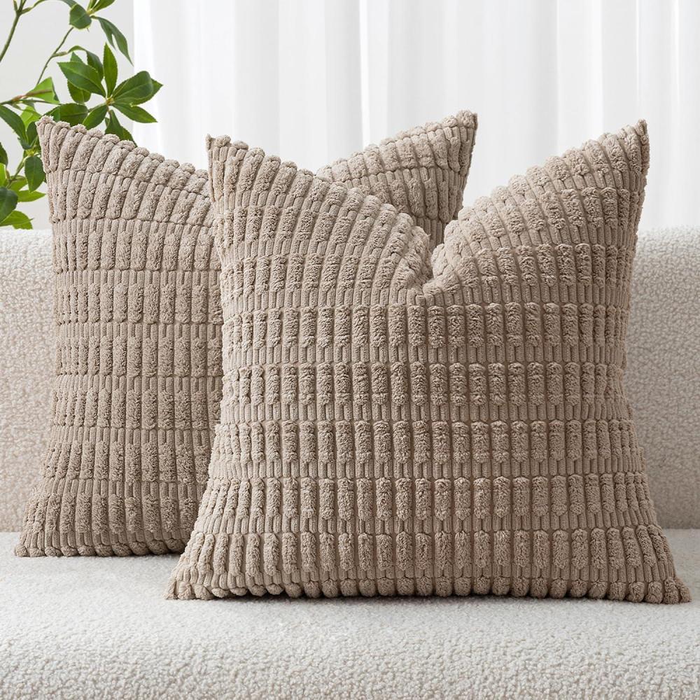 imageMIULEE Pack of 2 Christmas Red Corduroy Decorative Pillow Covers 18x18 Inch Soft Boho Striped Throw Pillow Covers Modern Farmhouse Home Decor for Sofa Living Room Couch BedLight Brown
