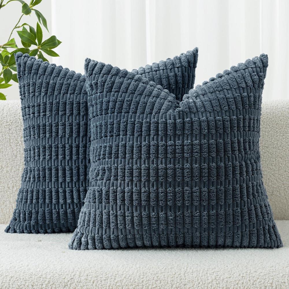 imageMIULEE Pack of 2 Christmas Red Corduroy Decorative Pillow Covers 18x18 Inch Soft Boho Striped Throw Pillow Covers Modern Farmhouse Home Decor for Sofa Living Room Couch BedBlue