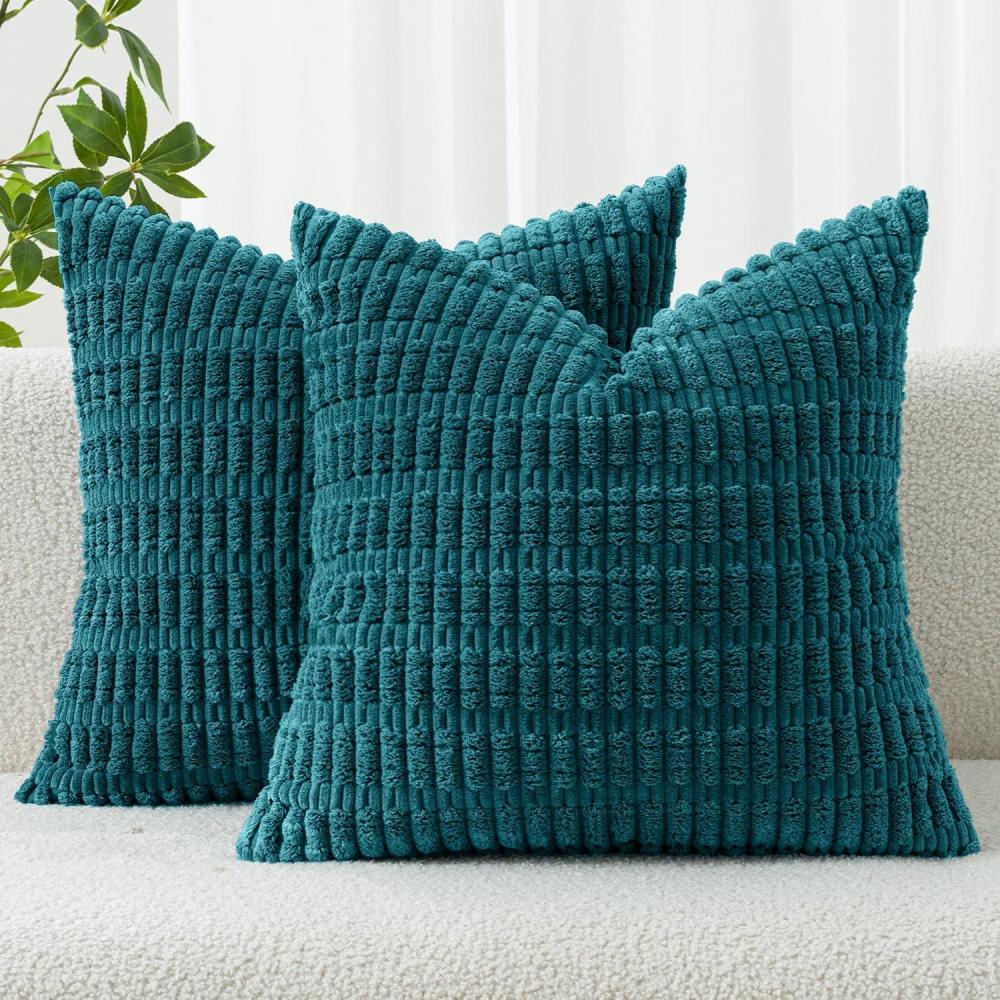 imageMIULEE Pack of 2 Christmas Red Corduroy Decorative Pillow Covers 18x18 Inch Soft Boho Striped Throw Pillow Covers Modern Farmhouse Home Decor for Sofa Living Room Couch BedTeal