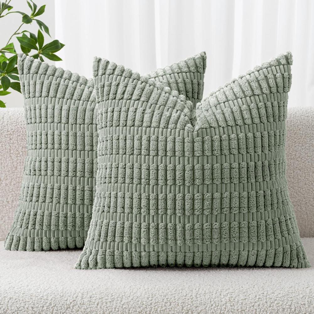 imageMIULEE Pack of 2 Christmas Red Corduroy Decorative Pillow Covers 18x18 Inch Soft Boho Striped Throw Pillow Covers Modern Farmhouse Home Decor for Sofa Living Room Couch BedGreyish Green