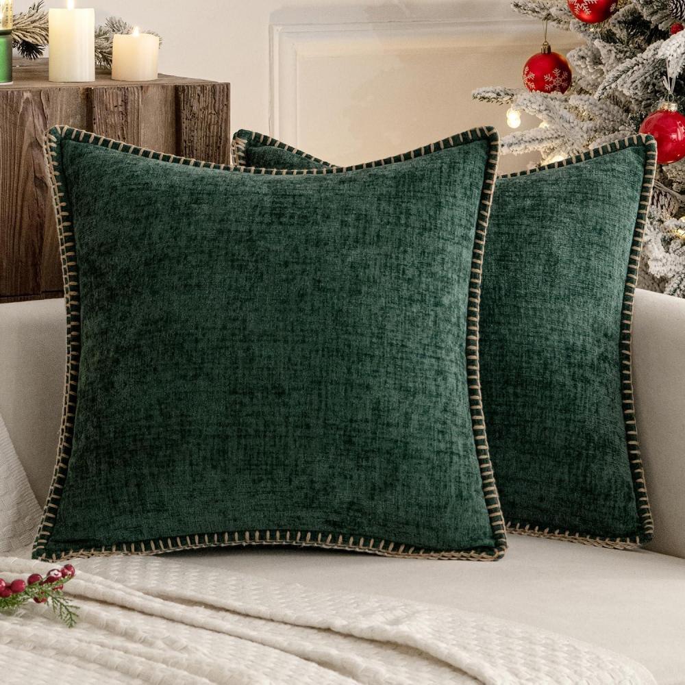 imageMIULEE Pack of 2 Couch Throw Pillow Covers 18x18 Inch Coastal Aqua Blue Farmhouse Decorative Pillow Covers with Stitched Edge Soft Chenille Solid Dyed Spring Pillow Covers for Sofa Bed Living RoomDark Green