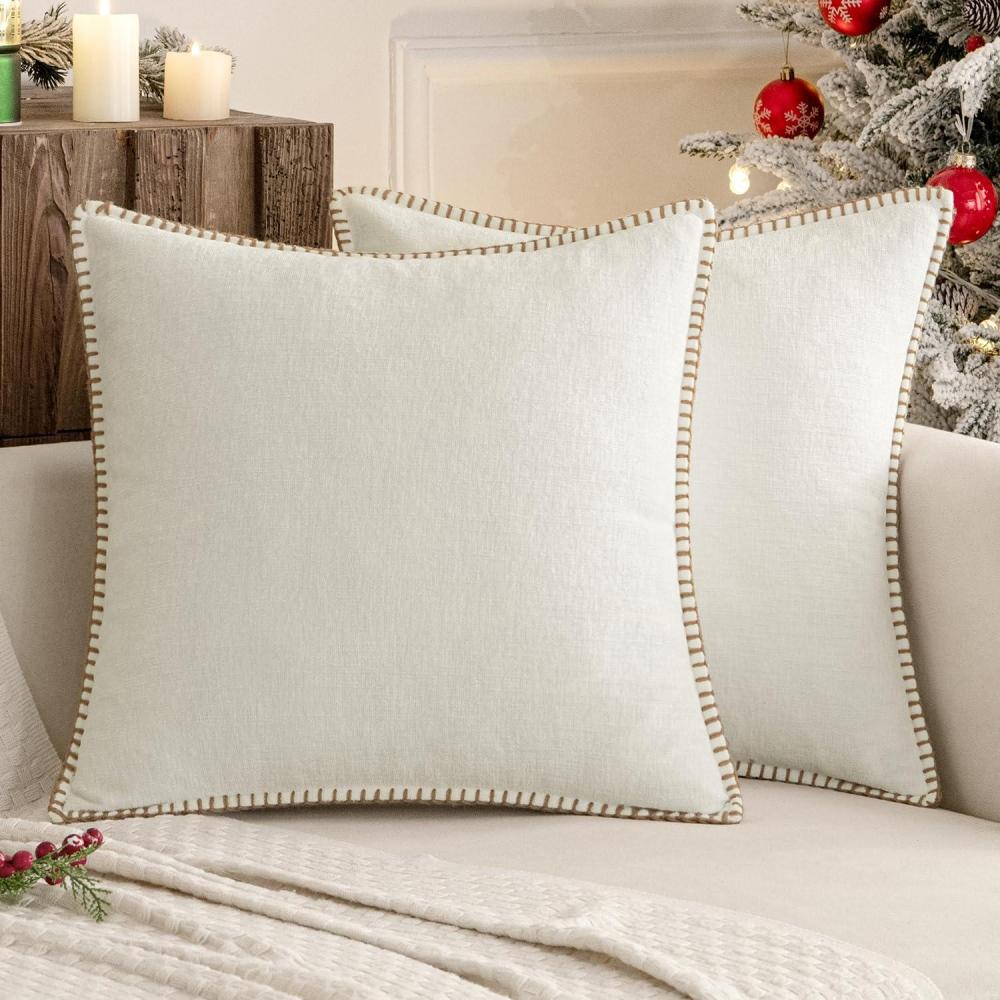 imageMIULEE Pack of 2 Couch Throw Pillow Covers 18x18 Inch Coastal Aqua Blue Farmhouse Decorative Pillow Covers with Stitched Edge Soft Chenille Solid Dyed Spring Pillow Covers for Sofa Bed Living RoomPure White
