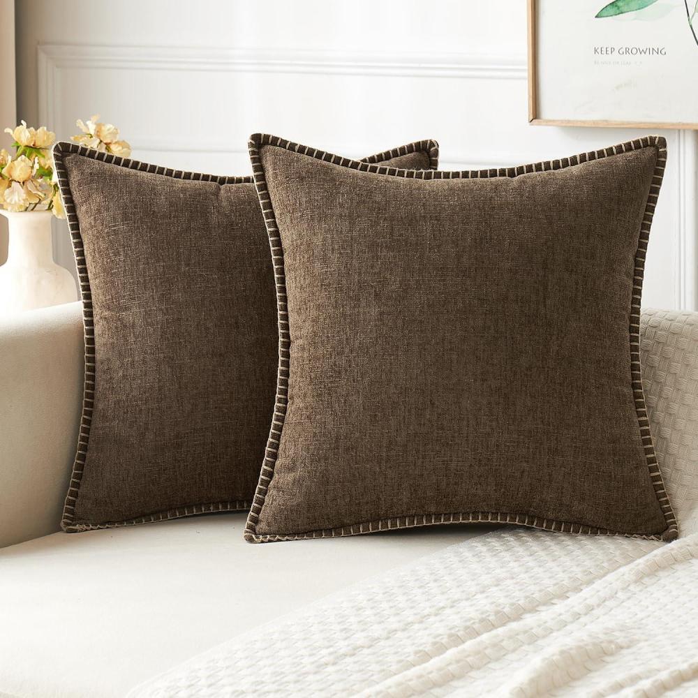 imageMIULEE Pack of 2 Couch Throw Pillow Covers 18x18 Inch Coastal Aqua Blue Farmhouse Decorative Pillow Covers with Stitched Edge Soft Chenille Solid Dyed Spring Pillow Covers for Sofa Bed Living RoomBrown
