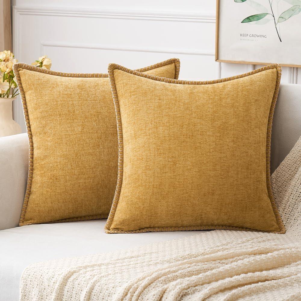 imageMIULEE Pack of 2 Couch Throw Pillow Covers 18x18 Inch Coastal Aqua Blue Farmhouse Decorative Pillow Covers with Stitched Edge Soft Chenille Solid Dyed Spring Pillow Covers for Sofa Bed Living RoomGold