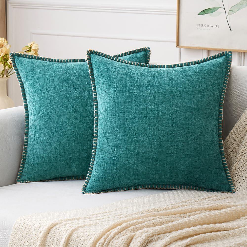 imageMIULEE Pack of 2 Couch Throw Pillow Covers 18x18 Inch Coastal Aqua Blue Farmhouse Decorative Pillow Covers with Stitched Edge Soft Chenille Solid Dyed Spring Pillow Covers for Sofa Bed Living RoomTeal