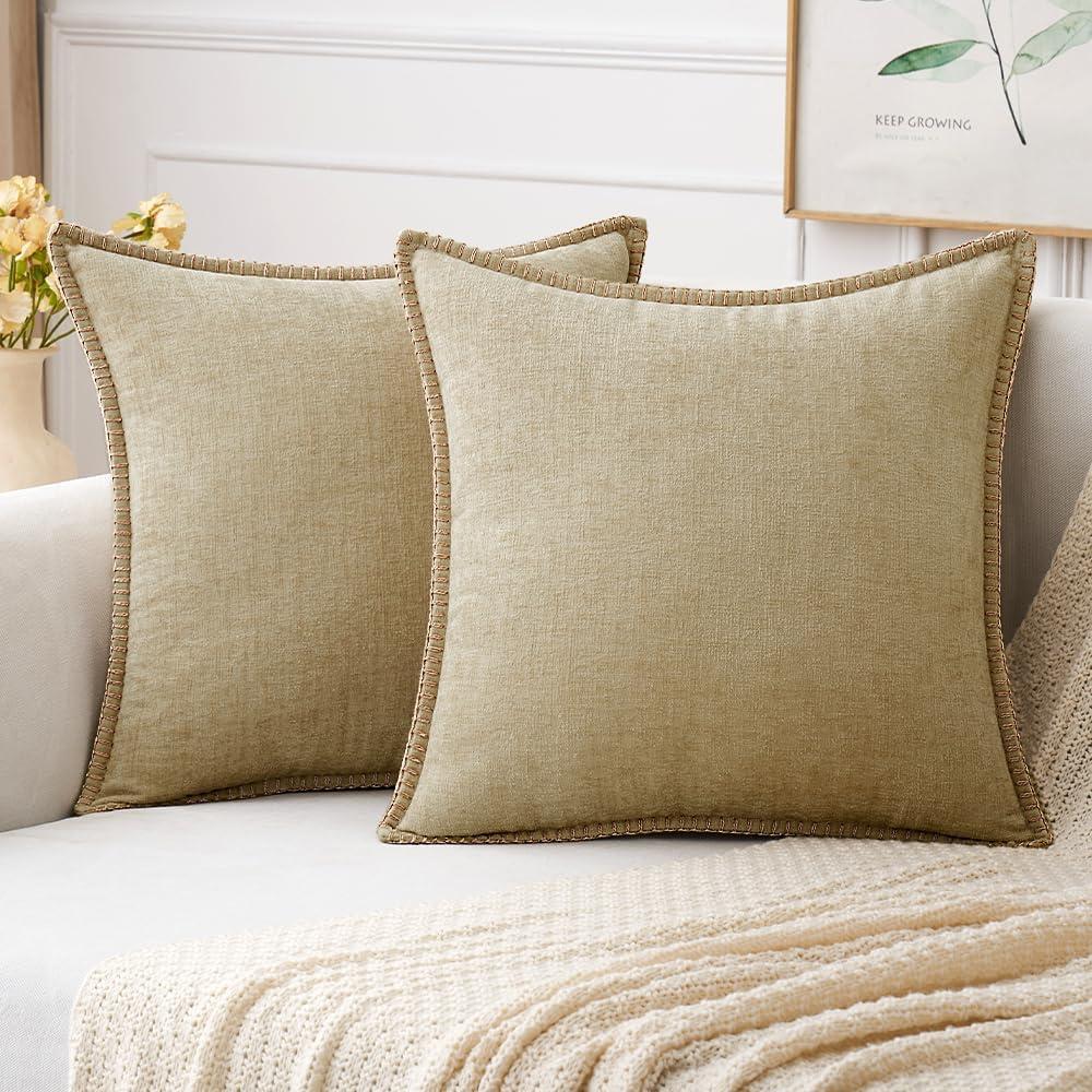 imageMIULEE Pack of 2 Couch Throw Pillow Covers 18x18 Inch Dark Teal Farmhouse Decorative Pillow Covers with Stitched Edge Soft Chenille Solid Dyed Spring Pillow Covers for Sofa Bed Living RoomBeige