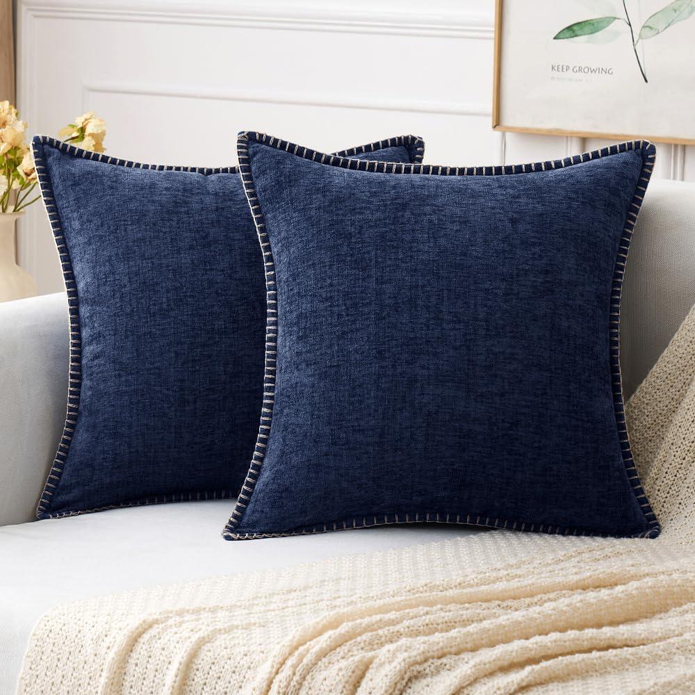 imageMIULEE Pack of 2 Couch Throw Pillow Covers 18x18 Inch Dark Teal Farmhouse Decorative Pillow Covers with Stitched Edge Soft Chenille Solid Dyed Spring Pillow Covers for Sofa Bed Living RoomNavy Blue