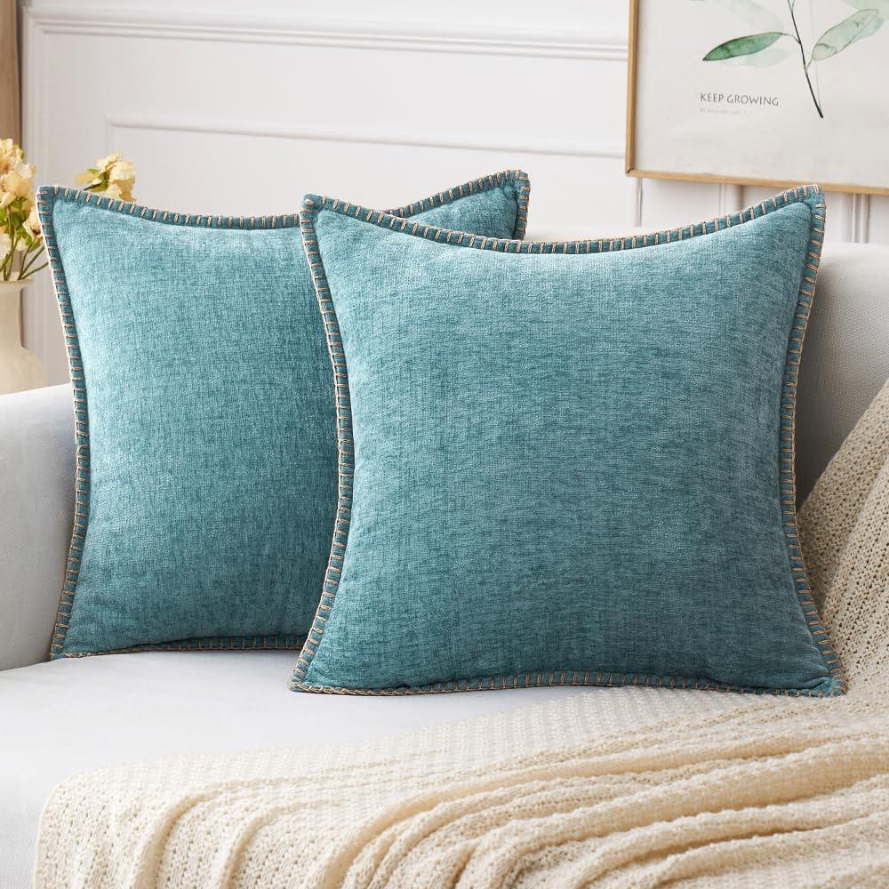 imageMIULEE Pack of 2 Couch Throw Pillow Covers 18x18 Inch Dark Teal Farmhouse Decorative Pillow Covers with Stitched Edge Soft Chenille Solid Dyed Spring Pillow Covers for Sofa Bed Living RoomSmoke Blue