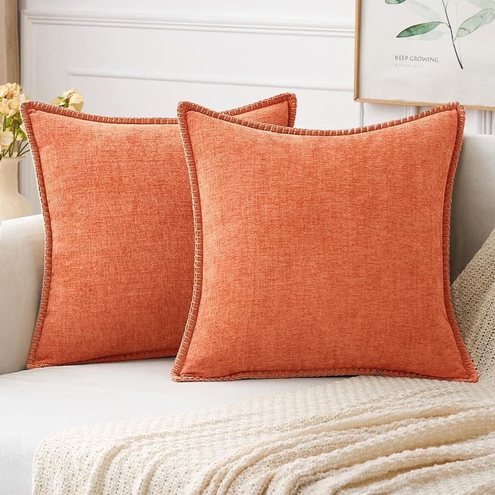 imageMIULEE Pack of 2 Couch Throw Pillow Covers 18x18 Inch Dark Teal Farmhouse Decorative Pillow Covers with Stitched Edge Soft Chenille Solid Dyed Spring Pillow Covers for Sofa Bed Living RoomCoral Red