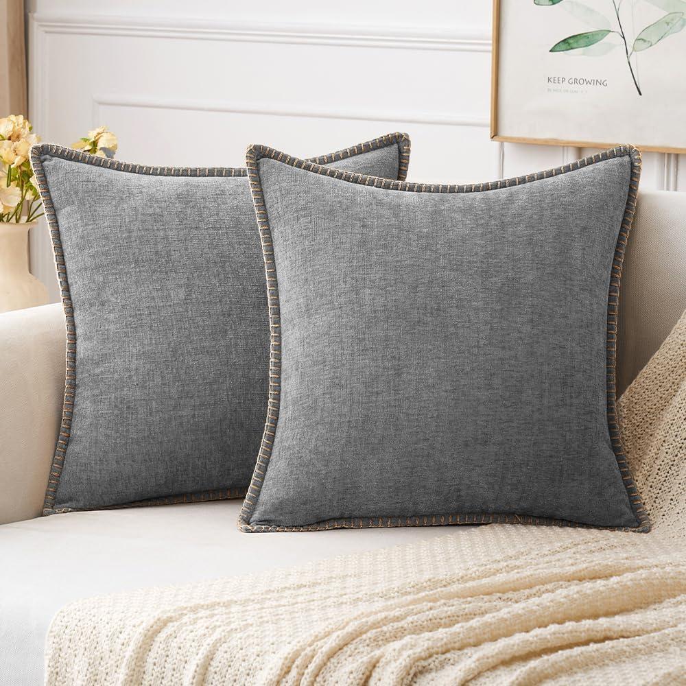 imageMIULEE Pack of 2 Couch Throw Pillow Covers 18x18 Inch Dark Teal Farmhouse Decorative Pillow Covers with Stitched Edge Soft Chenille Solid Dyed Spring Pillow Covers for Sofa Bed Living RoomDark Gray