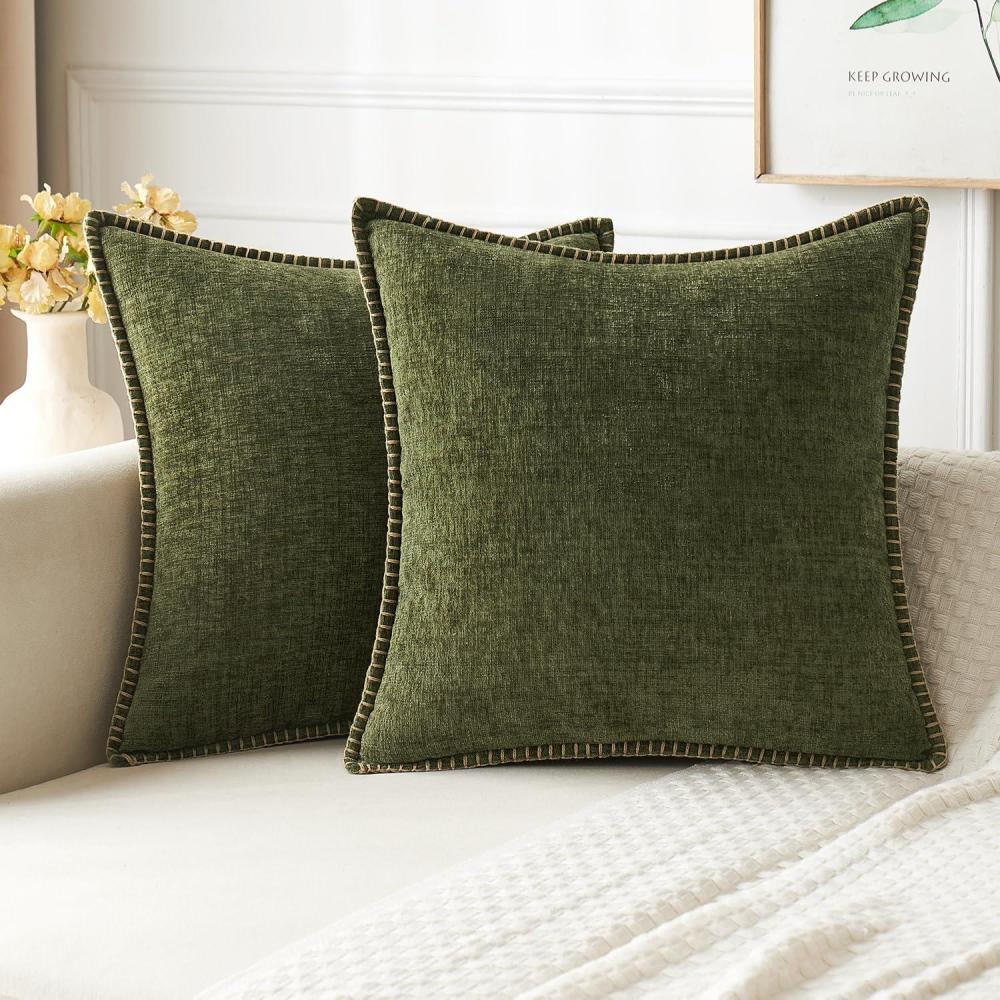 imageMIULEE Pack of 2 Couch Throw Pillow Covers 18x18 Inch Dark Teal Farmhouse Decorative Pillow Covers with Stitched Edge Soft Chenille Solid Dyed Spring Pillow Covers for Sofa Bed Living RoomOlive Green