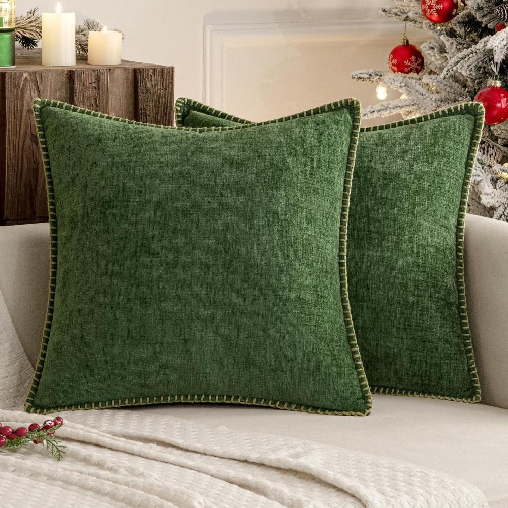 imageMIULEE Pack of 2 Couch Throw Pillow Covers 18x18 Inch Dark Teal Farmhouse Decorative Pillow Covers with Stitched Edge Soft Chenille Solid Dyed Spring Pillow Covers for Sofa Bed Living RoomMoss Green