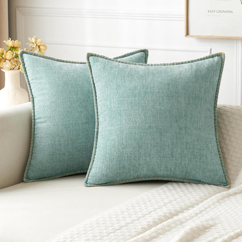 imageMIULEE Pack of 2 Couch Throw Pillow Covers 18x18 Inch Dark Teal Farmhouse Decorative Pillow Covers with Stitched Edge Soft Chenille Solid Dyed Spring Pillow Covers for Sofa Bed Living RoomAqua Blue