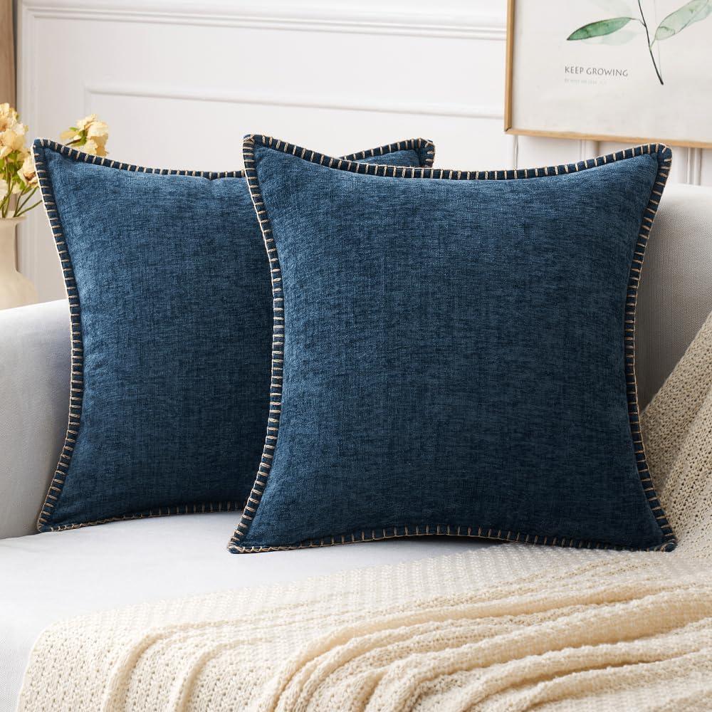 imageMIULEE Pack of 2 Couch Throw Pillow Covers 18x18 Inch Dark Teal Farmhouse Decorative Pillow Covers with Stitched Edge Soft Chenille Solid Dyed Spring Pillow Covers for Sofa Bed Living RoomDark Blue