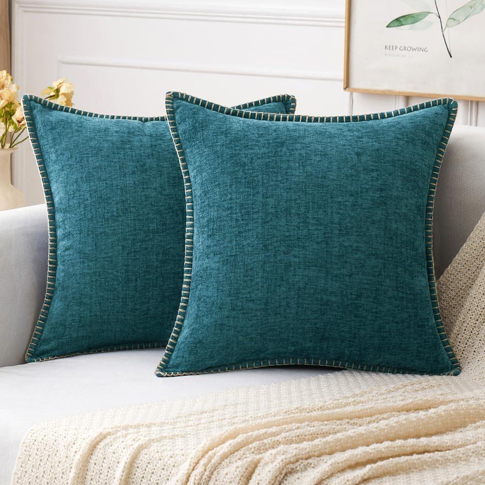 imageMIULEE Pack of 2 Couch Throw Pillow Covers 18x18 Inch Dark Teal Farmhouse Decorative Pillow Covers with Stitched Edge Soft Chenille Solid Dyed Spring Pillow Covers for Sofa Bed Living RoomDark Teal
