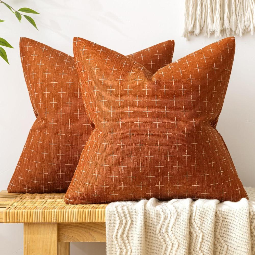 imageMIULEE Pack of 2 Decorative Burlap Linen Euro Sham Throw Pillow Covers for Sofa Couch Bed 24x24 Inch Modern Farmhouse Vintage Pillowcases Rustic Woven Textured Cushion Cover BlueRust