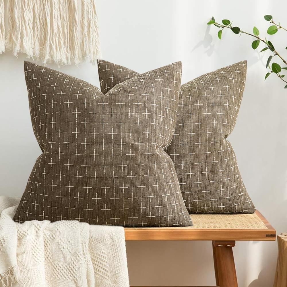 imageMIULEE Pack of 2 Decorative Burlap Linen Euro Sham Throw Pillow Covers for Sofa Couch Bed 24x24 Inch Modern Farmhouse Vintage Pillowcases Rustic Woven Textured Cushion Cover BlueTaupe