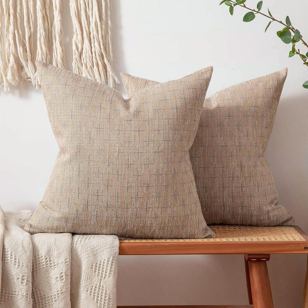 imageMIULEE Pack of 2 Decorative Burlap Linen Euro Sham Throw Pillow Covers for Sofa Couch Bed 24x24 Inch Modern Farmhouse Vintage Pillowcases Rustic Woven Textured Cushion Cover BlueTan