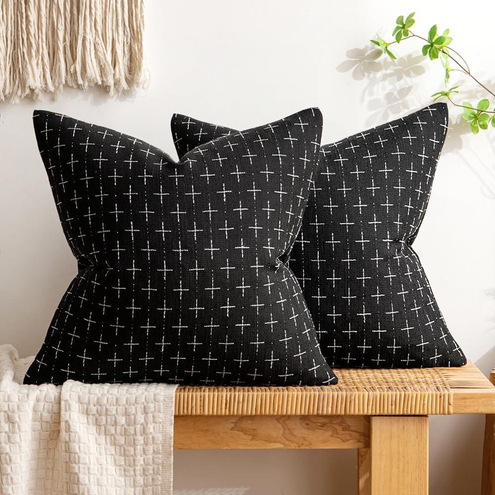 imageMIULEE Pack of 2 Decorative Burlap Linen Euro Sham Throw Pillow Covers for Sofa Couch Bed 24x24 Inch Modern Farmhouse Vintage Pillowcases Rustic Woven Textured Cushion Cover BlueBlack
