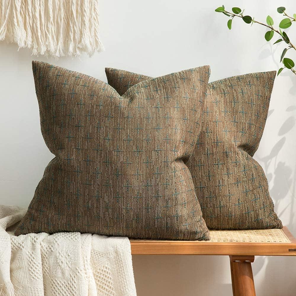 imageMIULEE Pack of 2 Decorative Burlap Linen Euro Sham Throw Pillow Covers for Sofa Couch Bed 24x24 Inch Modern Farmhouse Vintage Pillowcases Rustic Woven Textured Cushion Cover BlueCoffee