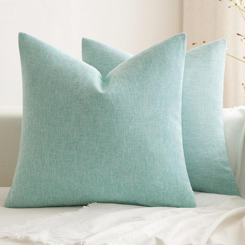 imageMIULEE Pack of 2 Decorative Farmhouse Linen Pillow Covers Rustic Boho Accent Outdoor Couch Throw Pillow Covers for Cushion Bed Sofa Living Room Home Decor 18x18 Inch IvoryAqua Green