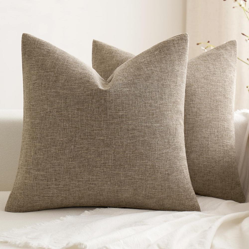 imageMIULEE Pack of 2 Decorative Farmhouse Linen Pillow Covers Rustic Boho Accent Outdoor Couch Throw Pillow Covers for Cushion Bed Sofa Living Room Home Decor 18x18 Inch IvoryBrown