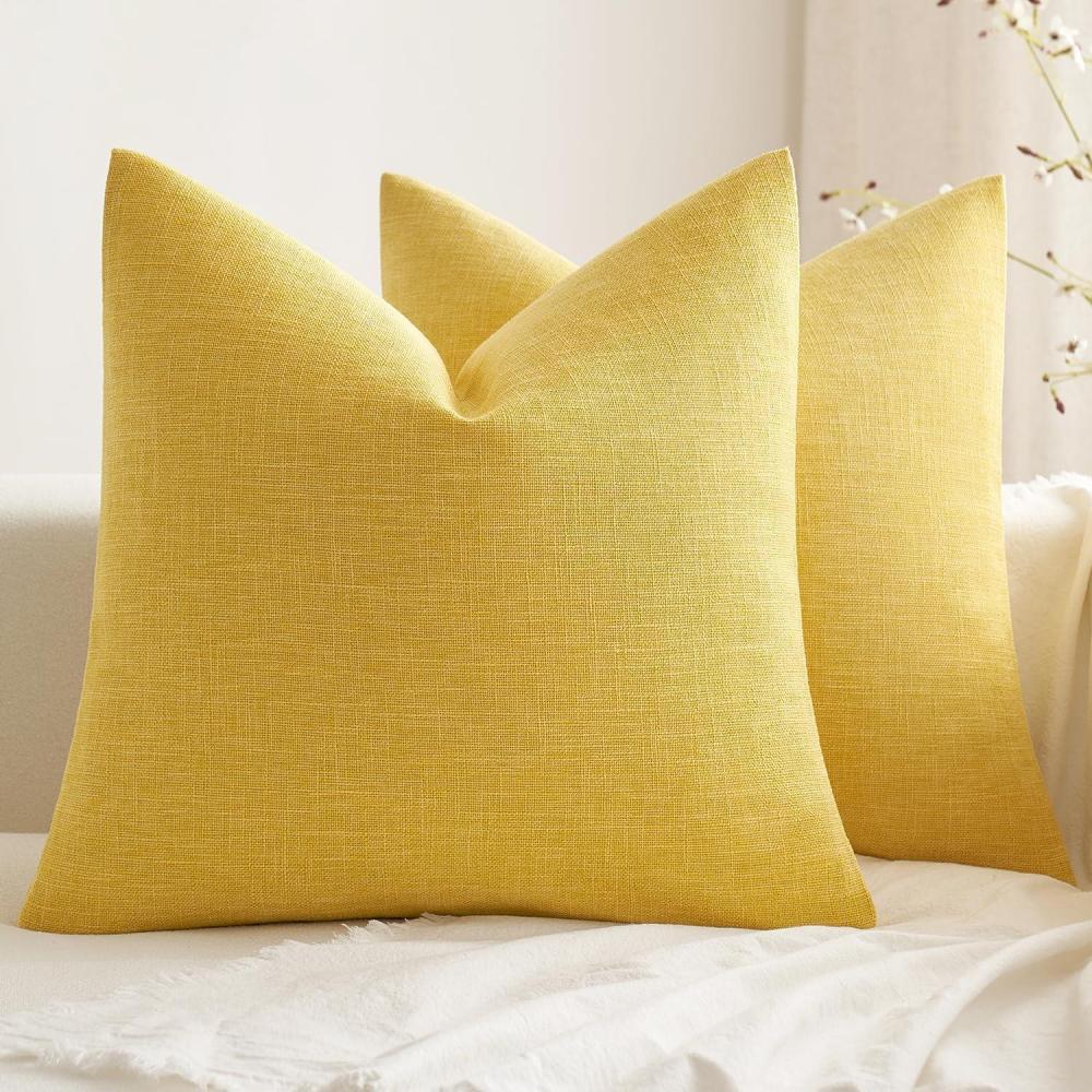 imageMIULEE Pack of 2 Decorative Farmhouse Linen Pillow Covers Rustic Boho Accent Outdoor Couch Throw Pillow Covers for Cushion Bed Sofa Living Room Home Decor 20x20 Inch NeutralYellow