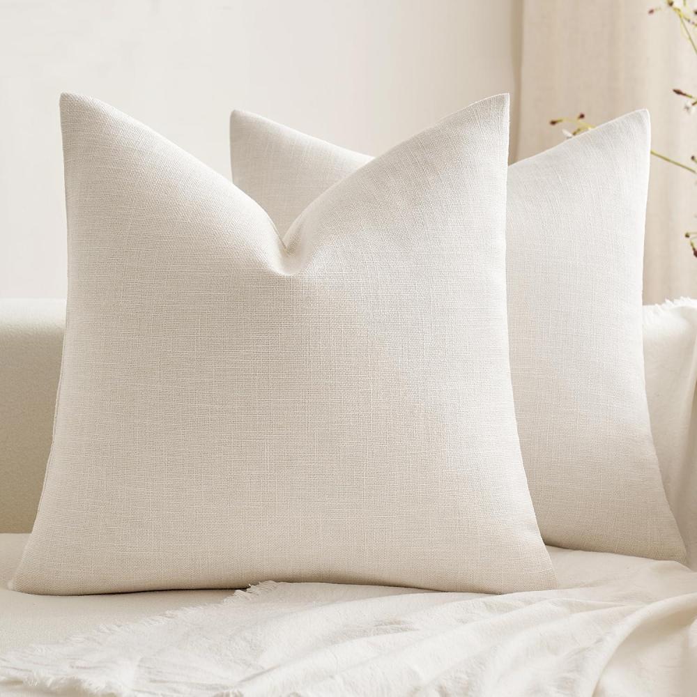 imageMIULEE Pack of 2 Decorative Farmhouse Linen Pillow Covers Rustic Boho Accent Outdoor Couch Throw Pillow Covers for Cushion Bed Sofa Living Room Home Decor 18x18 Inch IvoryIvory