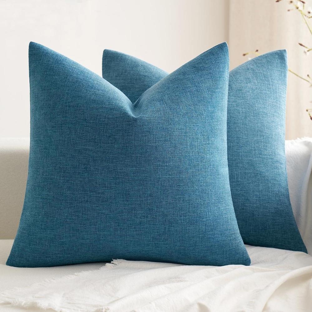 imageMIULEE Pack of 2 Decorative Farmhouse Linen Pillow Covers Rustic Boho Accent Outdoor Couch Throw Pillow Covers for Cushion Bed Sofa Living Room Home Decor 18x18 Inch IvoryBlue