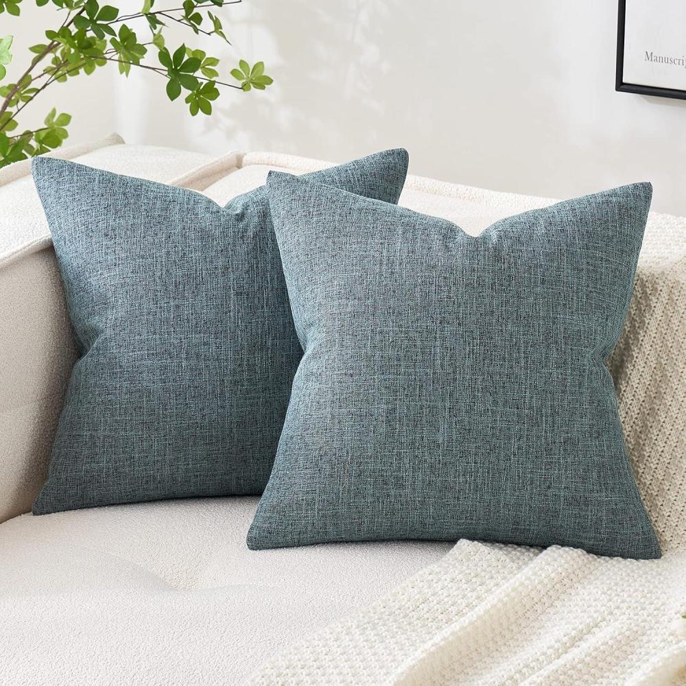 imageMIULEE Pack of 2 Decorative Linen Burlap Textured Pillow Covers Farmhouse Boho Accent Pillowcases Spring Home Decor for Couch Sofa Bedroom Living Room 18x18 Inch Light Olive GreenGrey Blue
