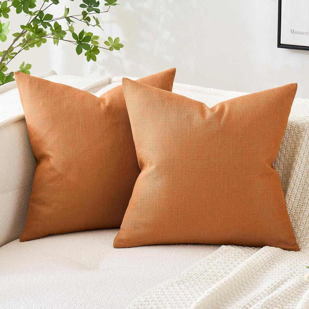 imageMIULEE Pack of 2 Decorative Linen Burlap Textured Pillow Covers Farmhouse Boho Accent Pillowcases Spring Home Decor for Couch Sofa Bedroom Living Room 18x18 Inch Light Olive GreenBurnt Orange