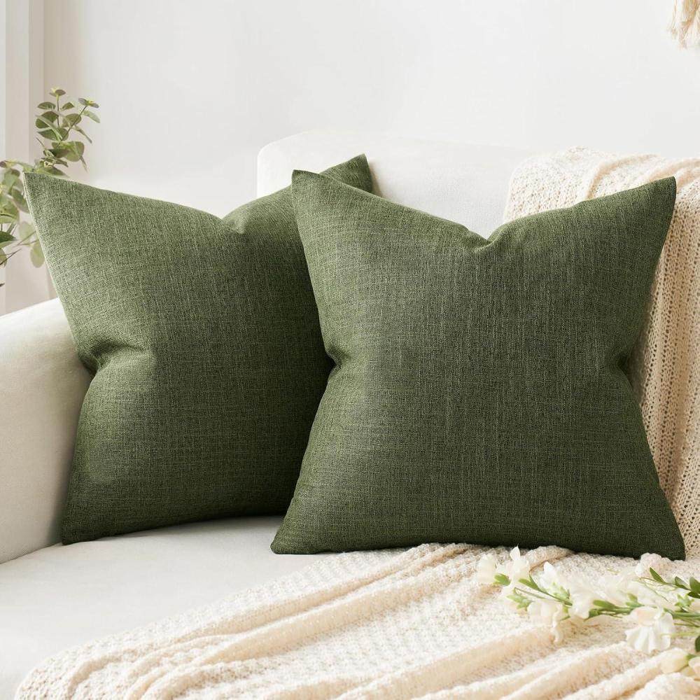 imageMIULEE Pack of 2 Decorative Linen Burlap Textured Pillow Covers Farmhouse Boho Accent Pillowcases Spring Home Decor for Couch Sofa Bedroom Living Room 18x18 Inch Light Olive GreenDark Olive Green