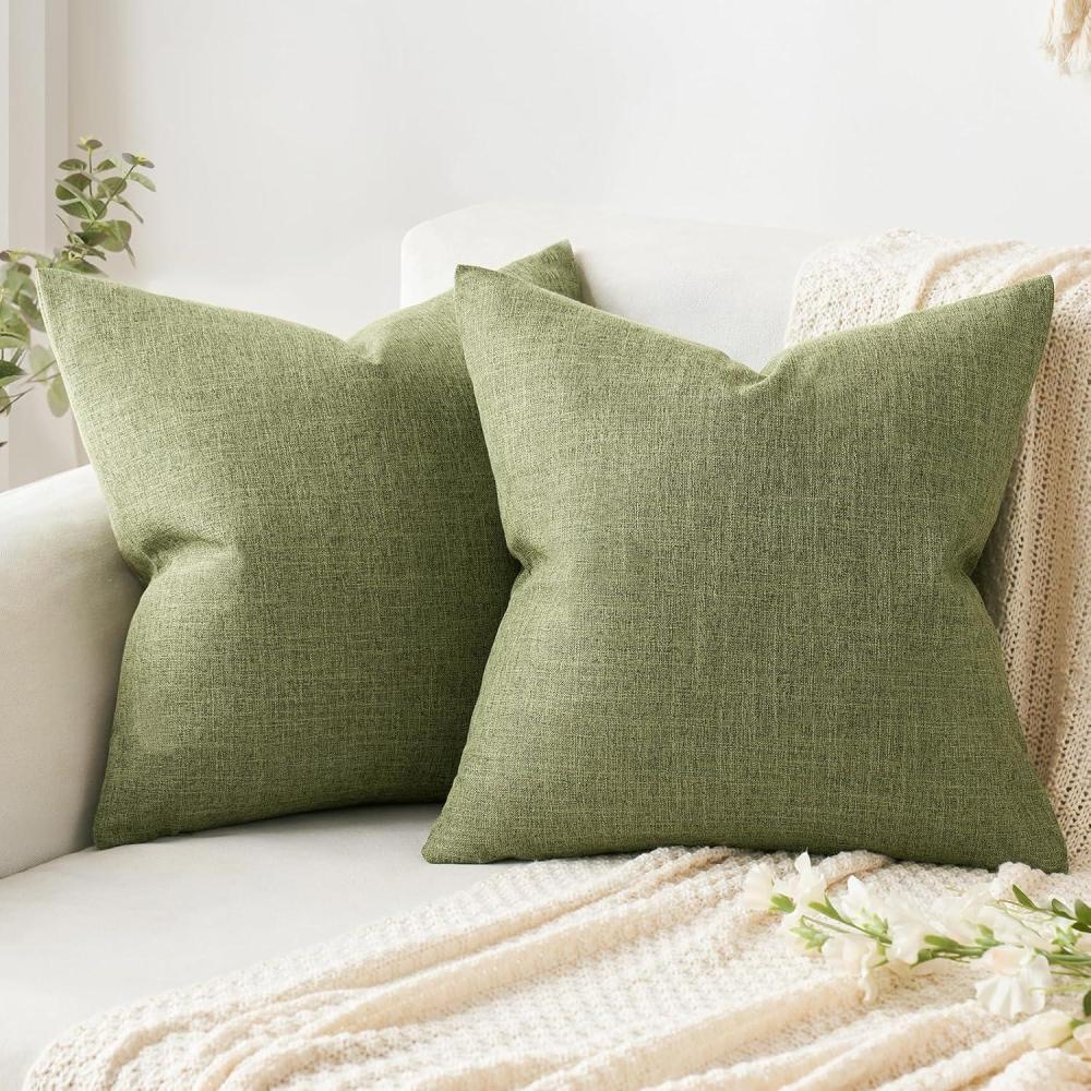 imageMIULEE Pack of 2 Decorative Linen Burlap Textured Pillow Covers Farmhouse Boho Accent Pillowcases Spring Home Decor for Couch Sofa Bedroom Living Room 18x18 Inch Light Olive GreenLight Olive Green