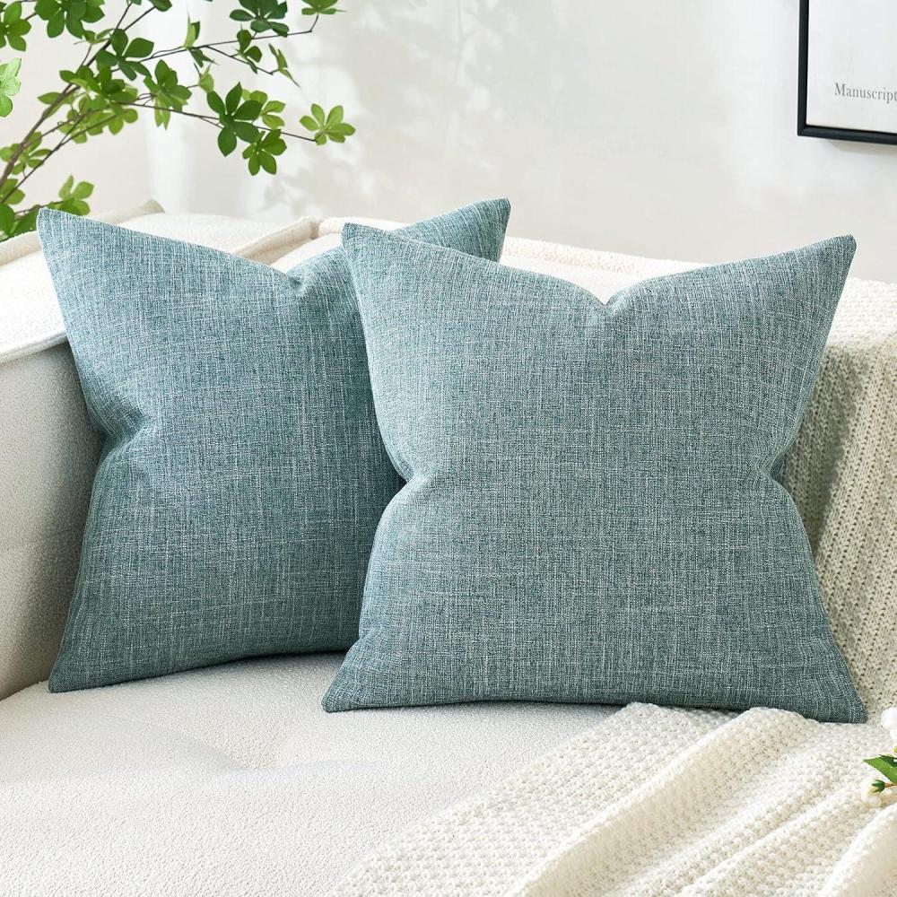 imageMIULEE Pack of 2 Decorative Linen Burlap Textured Pillow Covers Farmhouse Boho Accent Pillowcases Spring Home Decor for Couch Sofa Bedroom Living Room 18x18 Inch Light Olive GreenTeal
