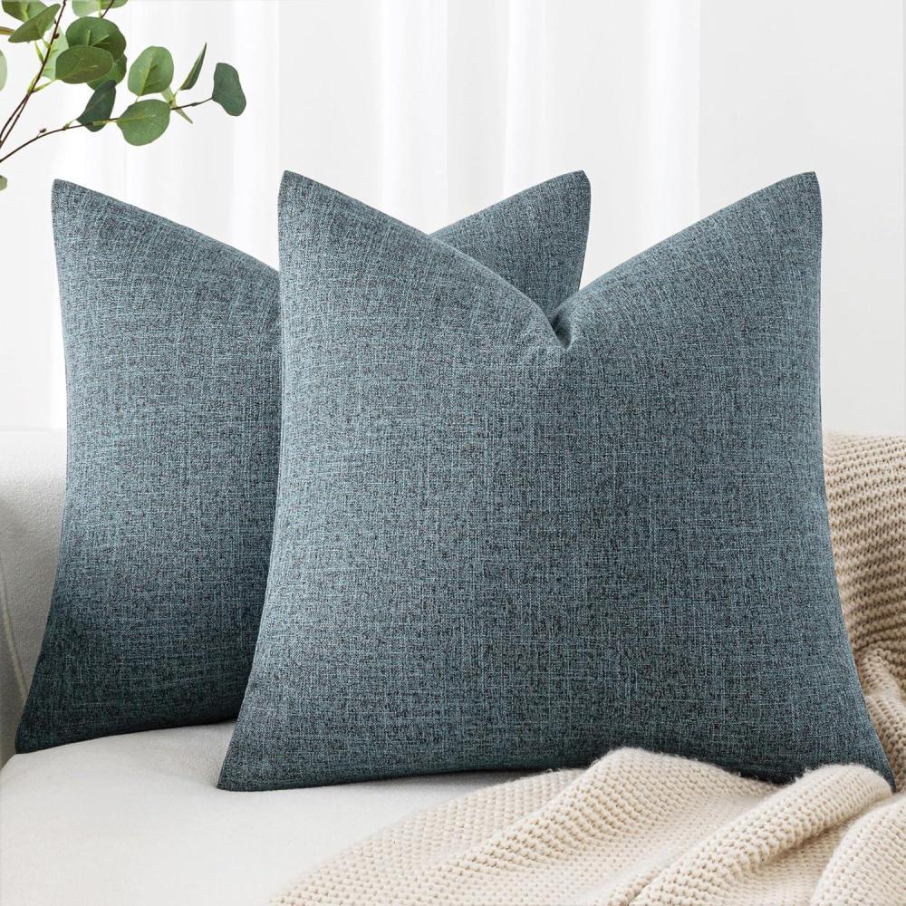 imageMIULEE Pack of 2 Decorative Linen Burlap Textured Pillow Covers Farmhouse Boho Accent Pillowcases Spring Home Decor for Couch Sofa Bedroom Living Room 18x18 Inch Light Olive GreenDusty Blue